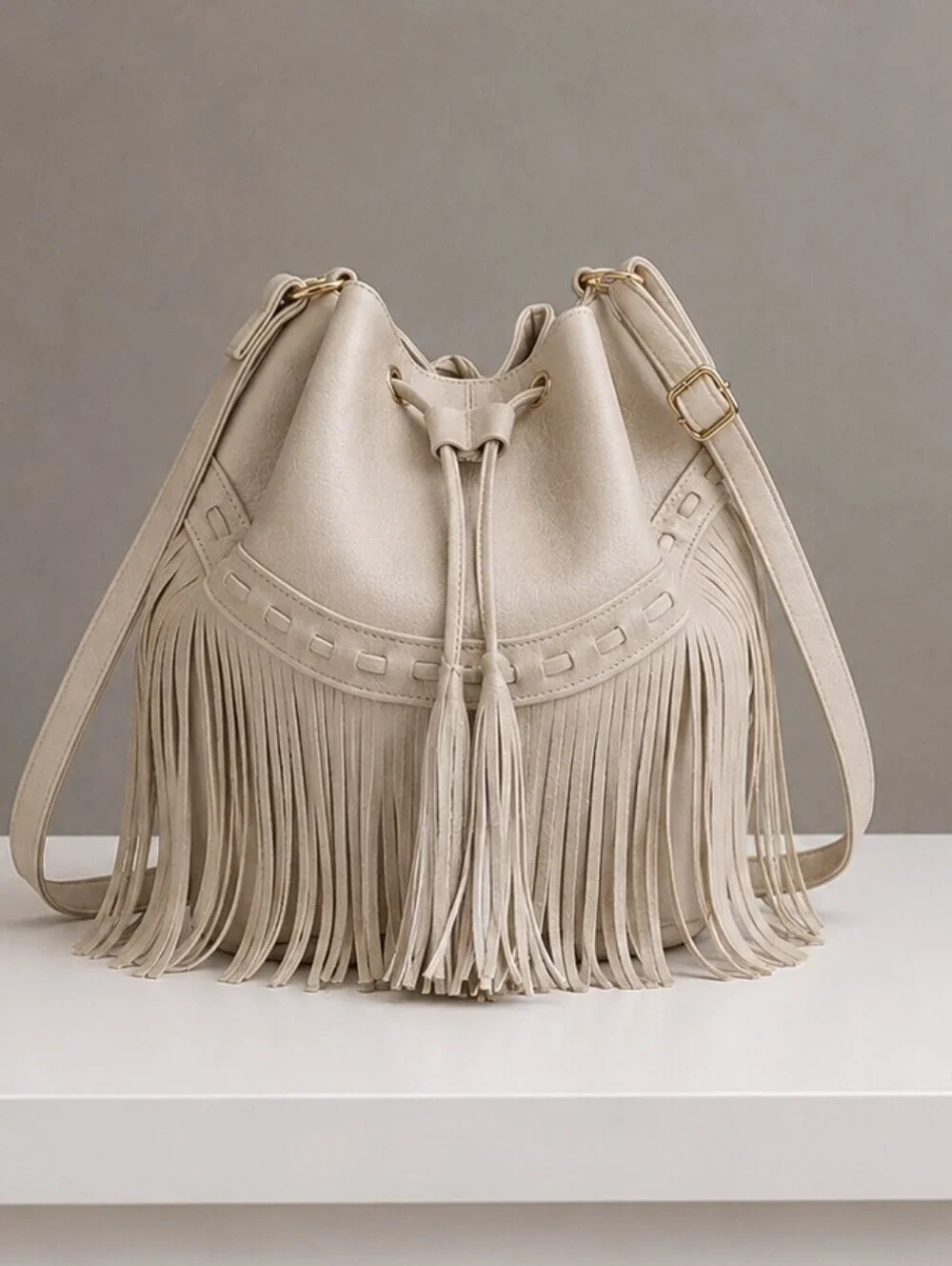 Boho Fringe Bucket Bag Cream Faux Leather Drawstring Crossbody Tassel Shoulder